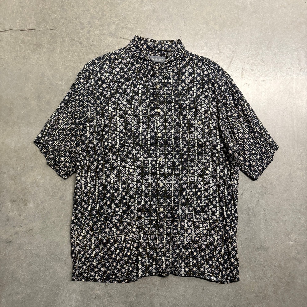 Van Heusen Mens Large Navy Blue Medallion Print Rayon Short Sleeve Shirt